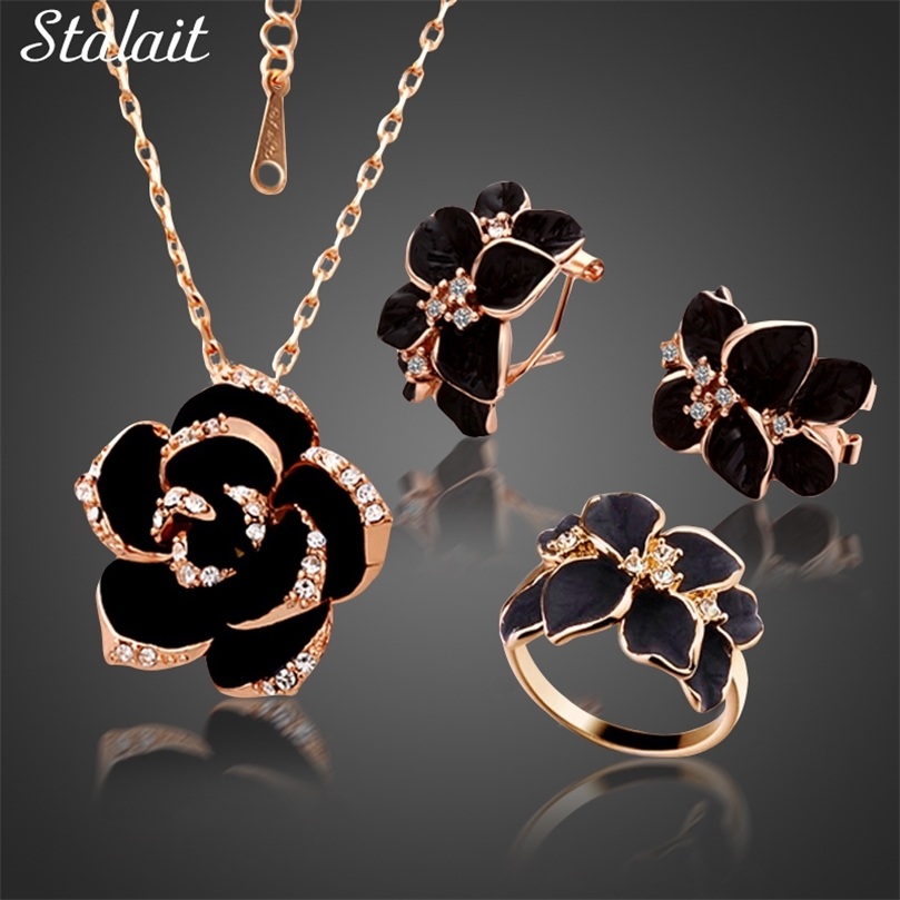 

Fashion Rose Flower Enamel Jewelry Set Rose Gold Color Black Bridal Jewelry Sets for Women Wedding Selling Products 220716