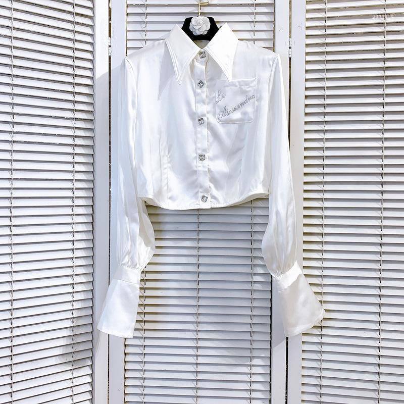 

Women' Blouses & Shirts French Style Horseshoe Long Sleeve Cardigan Open Waist Embroidery Letter Slim Fitting Short Shirt WomenWomen' Wome, White