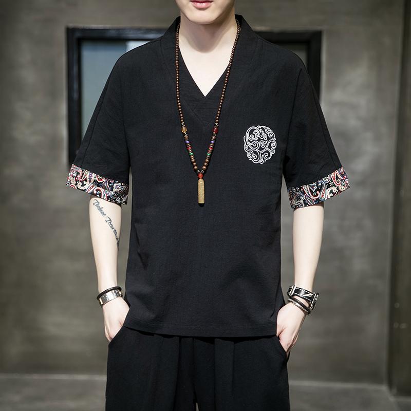 

Men's T-Shirts Fashion Trend Clothing Short Sleeve T Shirt Men Summer High Quality Cotton Linen Deep V Neck Top Tang Suit Embroidered ShirtM, Navy blue