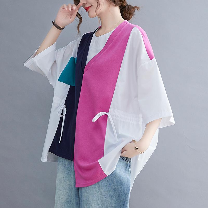 

Women's T-Shirt Asymmetrical Patchwork Women T-Shirts Summer Vintage 2022 Loose V-Neck Bandage Female Pulls Outwear Tops TeesWomen's, Malachite blue