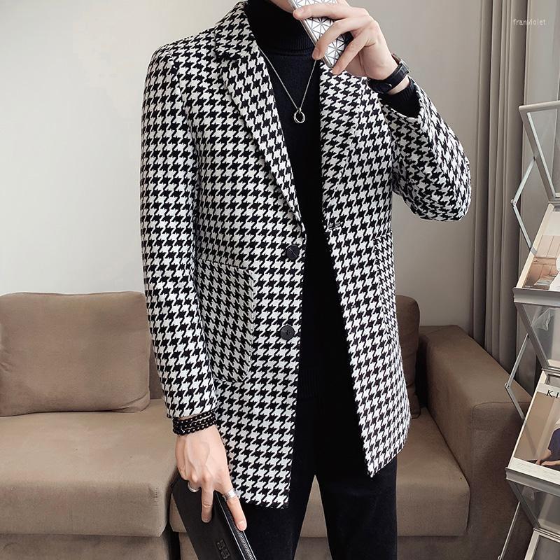 

Men's Wool & Blends Houndstooth Woolen Jacket Men 2022 Winter Long Lapel Casual Business Trench Coat Slim Social Overcoat Streetwear Windbre, Black