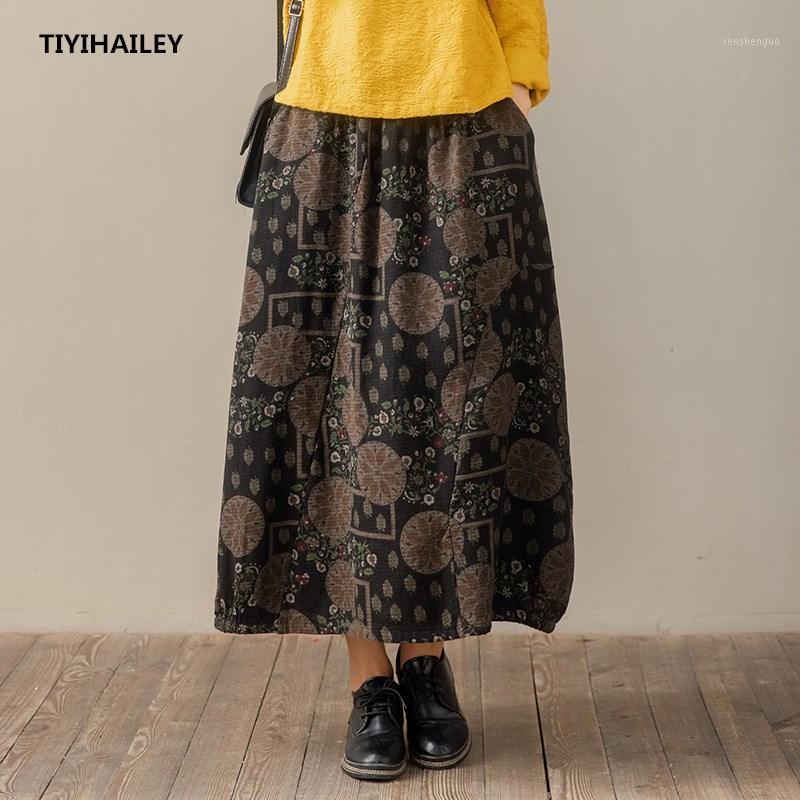 

Skirts TIYIHAILEY Vintage Long Maxi A-line Women Elastic Waist Spring And Autumn Print Cotton Skirt Stretch 2022, As photos
