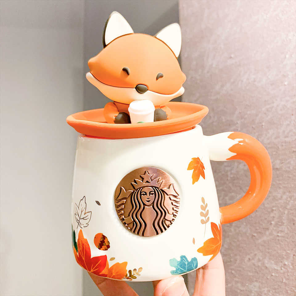 New Starbucks cup 2021 Mid Autumn Festival maple leaf cute fox shaped ceramic mug coffee milk cup with cover-image-760164732