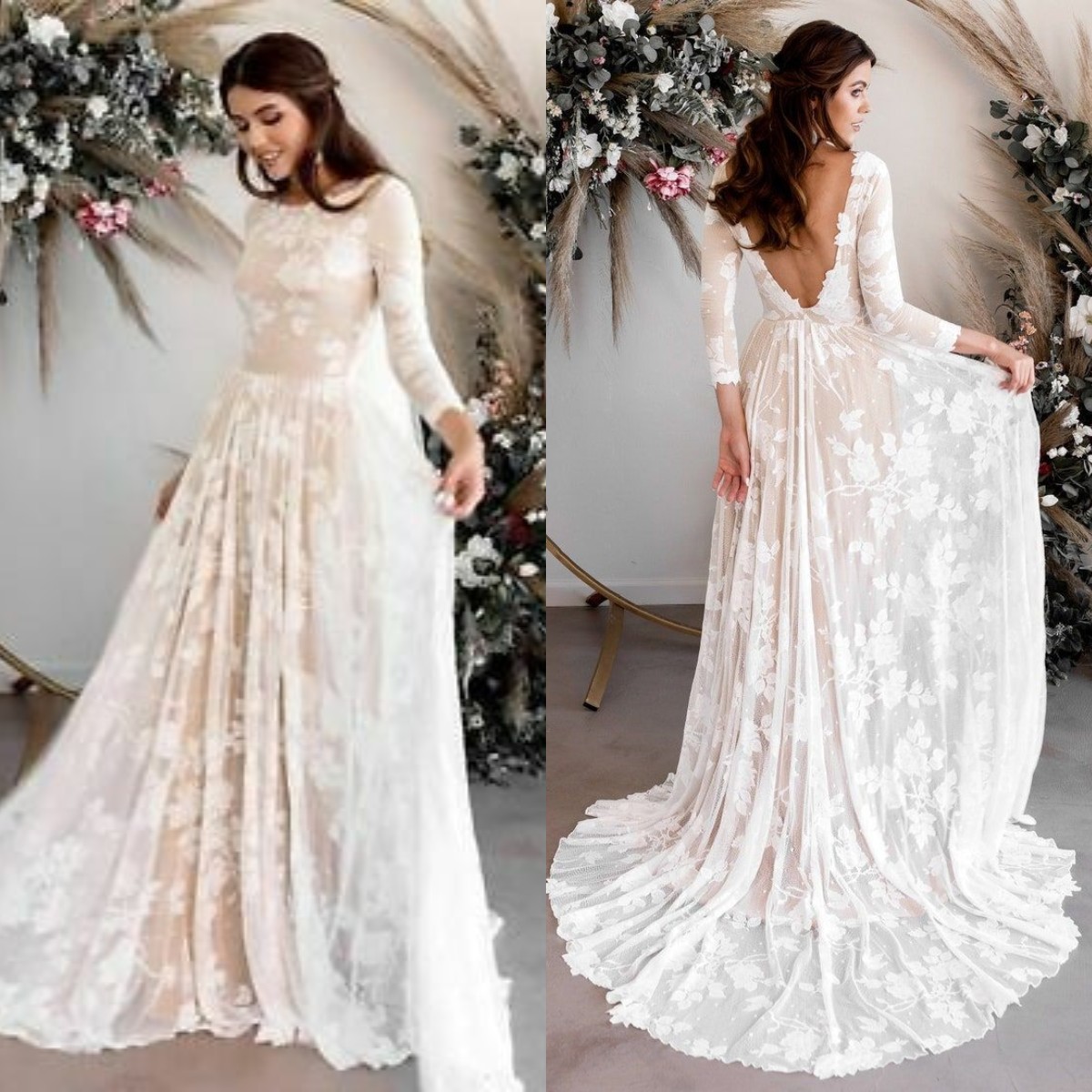 

2022 Boho Wedding Dresses for Women Bridal Gowns Backless Lace Long Sleeved Beach Robe de Mariage, Hunter green