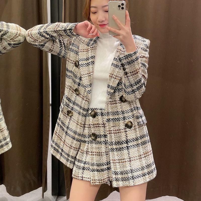 

Two Piece Dress Fashion Women Double Breasted Tweed Check Blazer Coat Vintage Long Sleeve Female Outerwear Casual Shorts Skirts SuitTwo, Khaki skirt