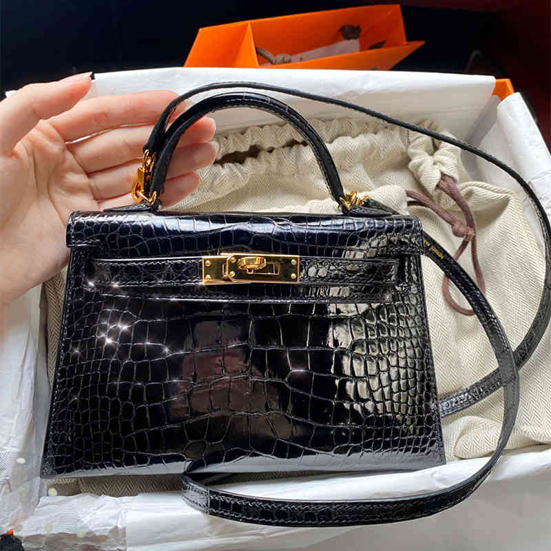 

Designer Herme Bags Second generation Kelys bag Mini crocodile platinum leather Single Shoulder Messenger portable small head, Black
