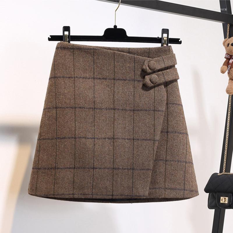 

Skirts Woolen Skirt Irregular Plaid A-Line Button England Style Above Knee Mini Lenght Empire Waist Autumn Winter 2022, Coffee