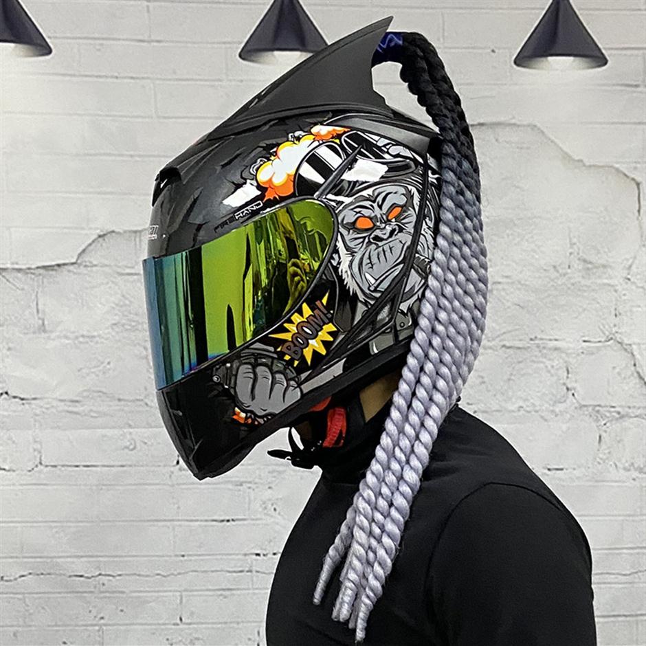 

Full Face Motorcycle Helmet Double lens ABS Material Motorbike Motocross Helmet With braids Horns Accessories231K, Helmet 11