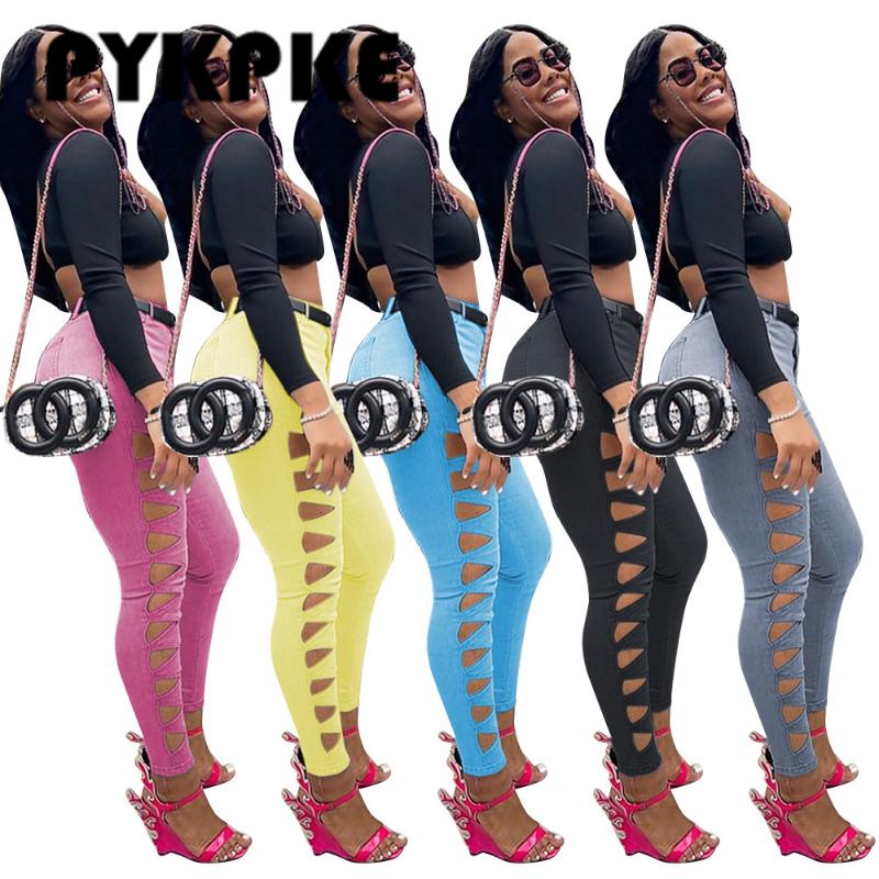 

Women' Jeans Pure Color Hole Full Length Women Zippers Skinny Elastic High Waist With Pockets Street Pencil Pants, Black