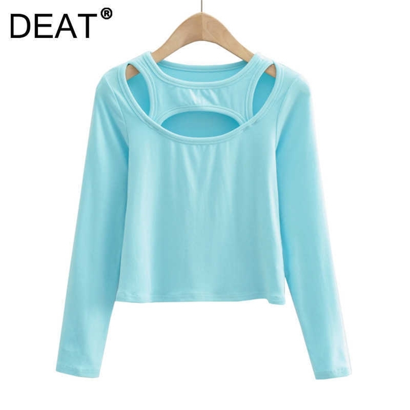 

DEAT Women Hollow Out T-shirt Solid Color Round Neck Long Sleeve Fashion Temperament Spring Autumn 11D1590 210709, Khaki