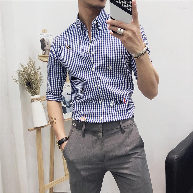 

Men's Dress Shirts Summer Stripe Print Half Sleeve Shirt Men Fashion Embroidery Slim Social Formal Club Party ClothingMen's Sybi22, Black