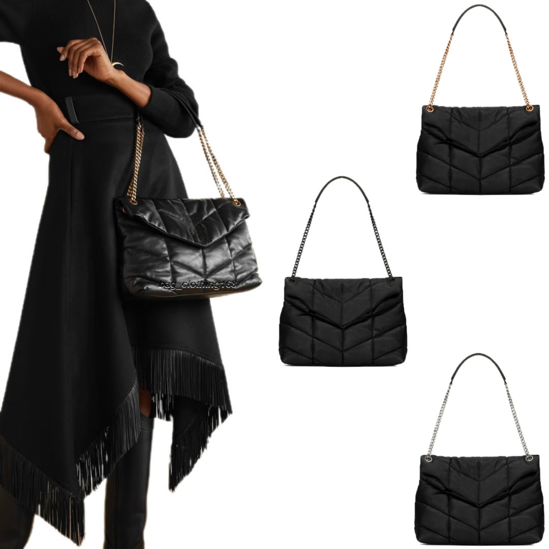 

handbag crossbody bags Quilted Genuine Puffy Leather Large Capacity 'Loulou' Chain 3 colors wallet Purses shoulder bags for women cute hobo tote Wholesale, Black