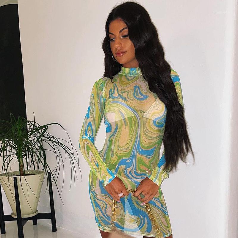 

Casual Dresses Casaual Women Full Sleeve Dress Print Tie Dye Skinny Sheer Mesh Party Night Vestidos, Blue