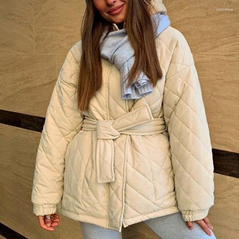 

Women's Down & Parkas White Overcoats Women Long Sleeve Warm Pockets Waist Belt Jacket Outdoor Loose Cotton Padded Female Snow Outwear D6 Ka