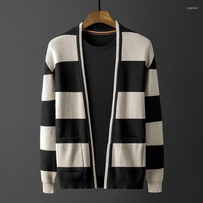 

Men's Sweaters Cardigan Mens Luxury Spring And Autumn Two Pockets Stripe Sweater Male Fashion Slim Fit Man 4XLMen's Olga22, Green grey