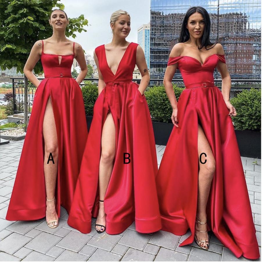 

2022 Sexy High Side Slit Red Bridesmaid Dresses Square Collar Spaghetti Strap Pocket A Line Women Satin Long Wedding Party Dress Vestidos Sashes