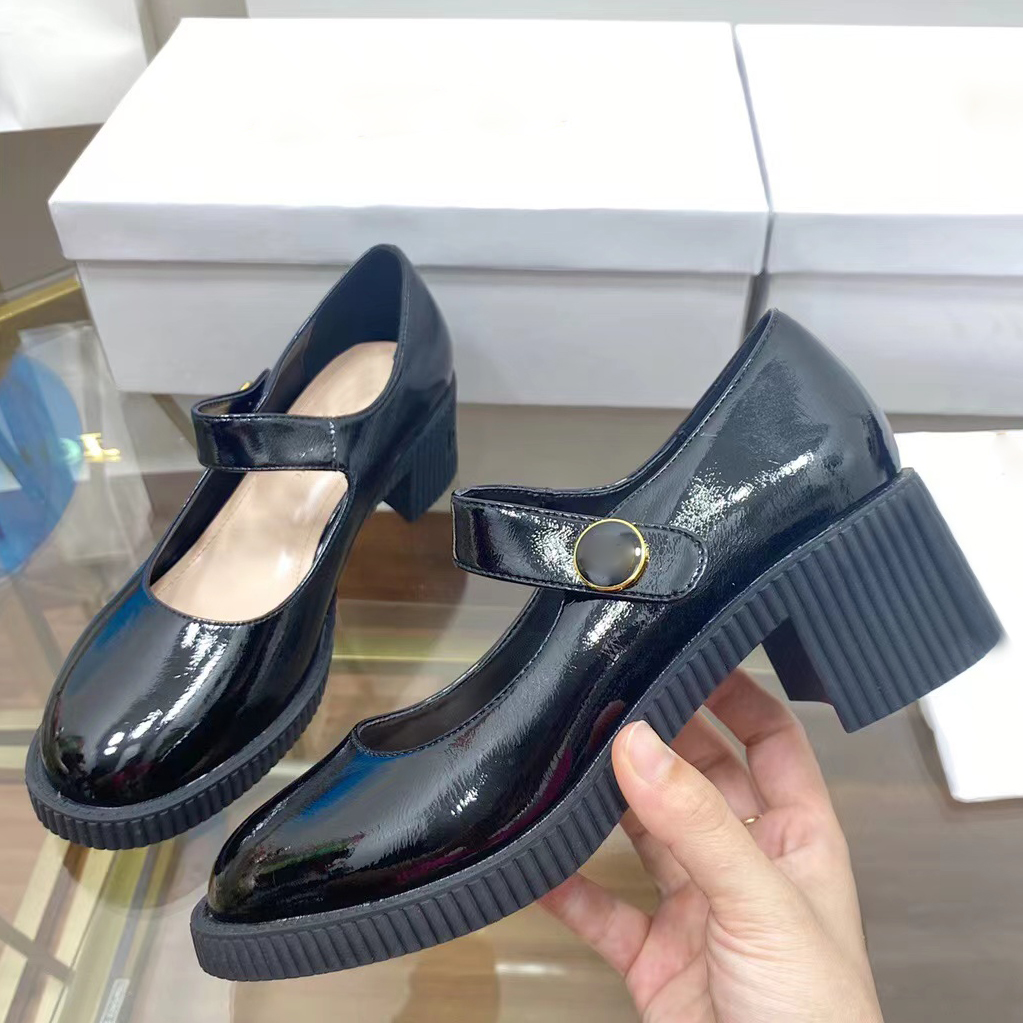

Designer Sandals White Mary Jane Shoes French Chunky Heels Women Black Shiny Calfskin High Heel Ladylike Platform Single Shoe