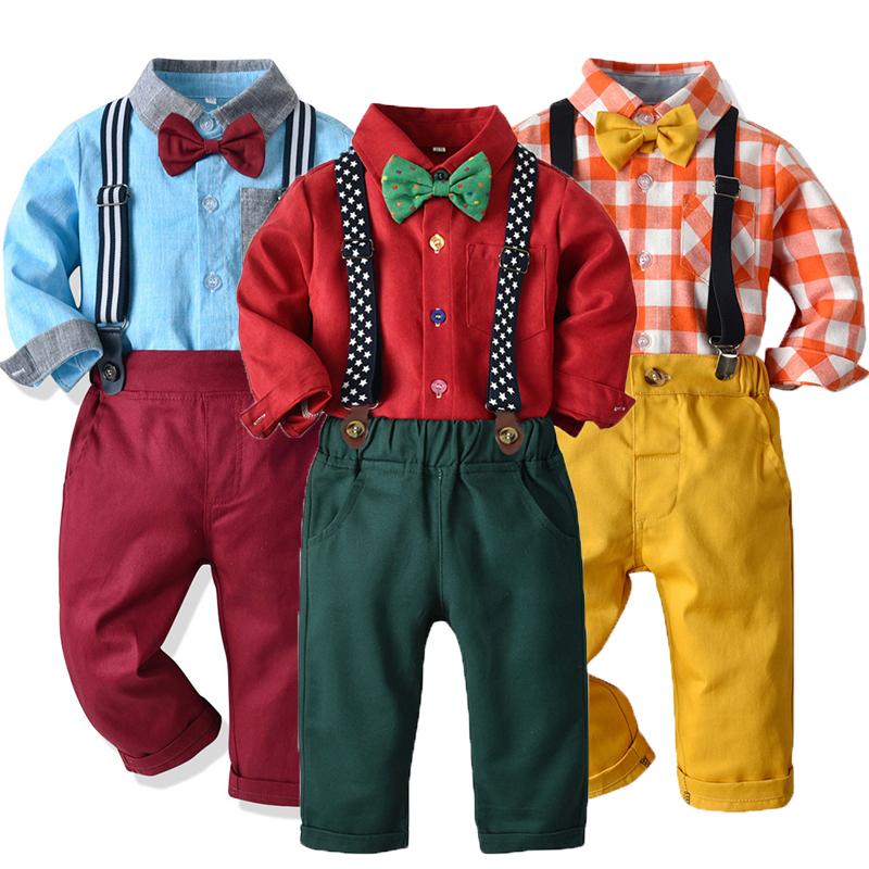 

Clothing Sets 2-7 Years Spring Handsome Boys Set Variety Of Printing Bow Full Sleeve Shirt + Suspender Trousers 2Pcs Suit For Kids, St467