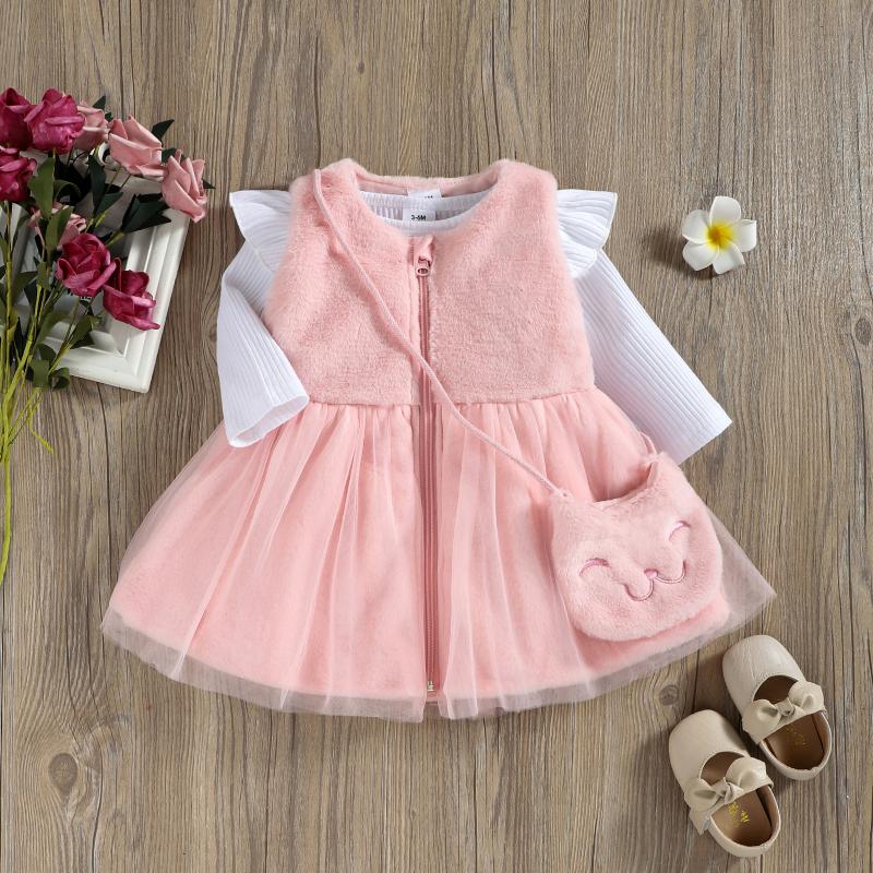 

Clothing Sets Baby Suit Set Round Neck Long Sleeve Romper Sleeveless Dress Bag For Girls, 0-18 Months, Pink