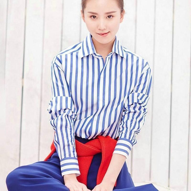 

Women's Blouses & Shirts WQJGR Autumn Blue And White Stripe Shirt Woman Long Sleeve Korean Blouse Women, Blue white stripes