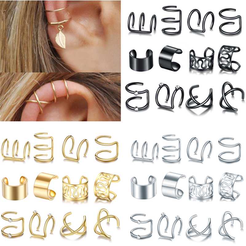 

Clip-on & Screw Back 12pc Stainelss Steel Clip On Ear Cuff Earrings Fake Cartilage Lot Non Piercing Set For Women
