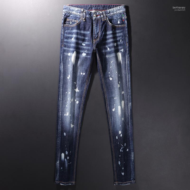 

Men's Jeans Fashion Streetwear Men Retro Dark Blue Elastic Vintage Slim Ripped Painted Designer Hip Hop Brand Denim Pants Bert22