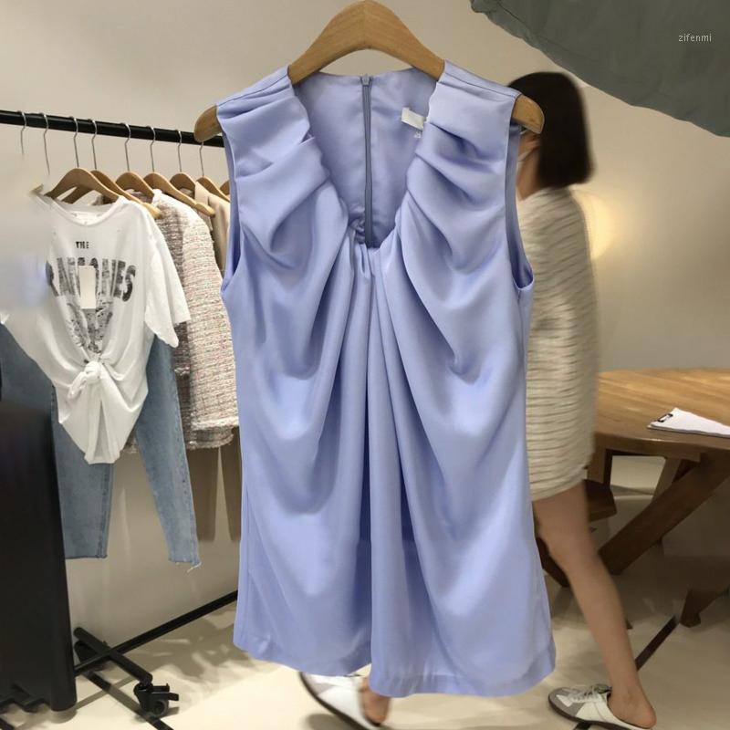 

Women' Blouses & Shirts [EWQ] Korea Chic Summer Casual Trendy Women V-neck Pleated Zipper Loose Fashion Apricot Sleeveless Shirt Top 2022 1, Blue