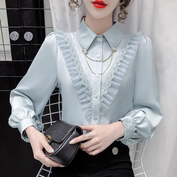 

Women' Blouses & Shirts 2022 Fashion Women Blouse And Tops Office Ladies Casual Loose Solid Color Female Turn Down Collar Long Sleeve Q607, Blue