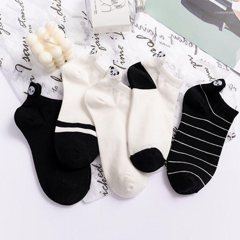 

Female Cute Panda Embroidery Cotton Boat Socks Black White Stripes Short Hosiery1