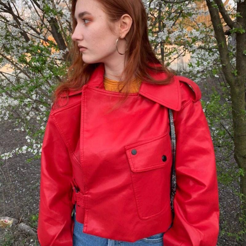 

Women' Leather & Faux Shnsophi Short Jacket Women Pu Motorcycle Biker Beige/Red Coat Fashion Turndown Collar Loose Streetwear