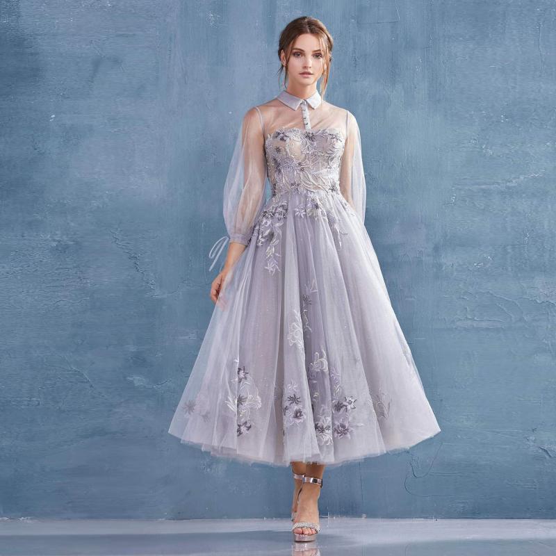 

Party Dresses Sweet Elegant Homecoming High Neck Long Sleeves Appliques Tulle A-line Tea Length Women Prom Graduation Gowns, Pink