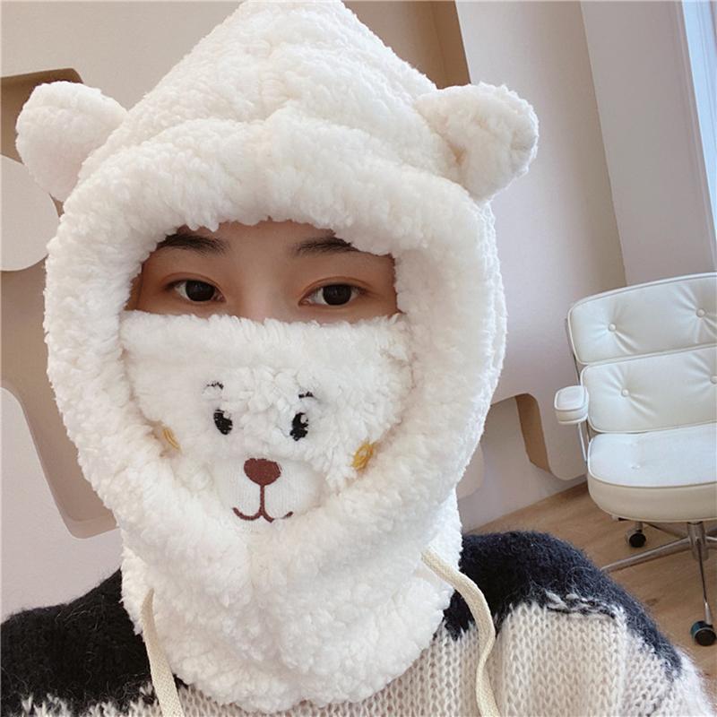 

Berets Warm Thickened Ear Protection Belt Mask Suitable For Female Girls Japanese Cute Cartoon Bear Hat Lamb Plush, Khaki