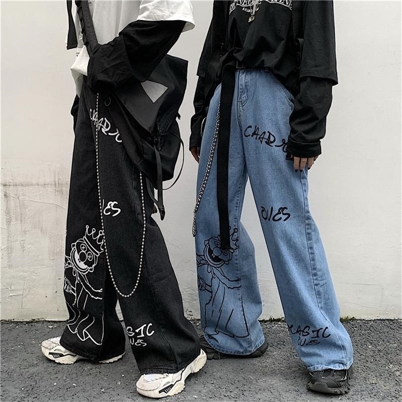 

Graffiti printed street jeans women' gothic mopping loose wide-leg pants Harajuku casual all-match trousers women 220402