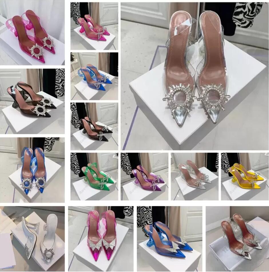 

dress sandals 7cm 10cm Begum bowknot butterfly PVC pumps high heels rhinestone Transparent diamond sandals shine cap toe fine tip sexy women's summer crystal shoe, 26
