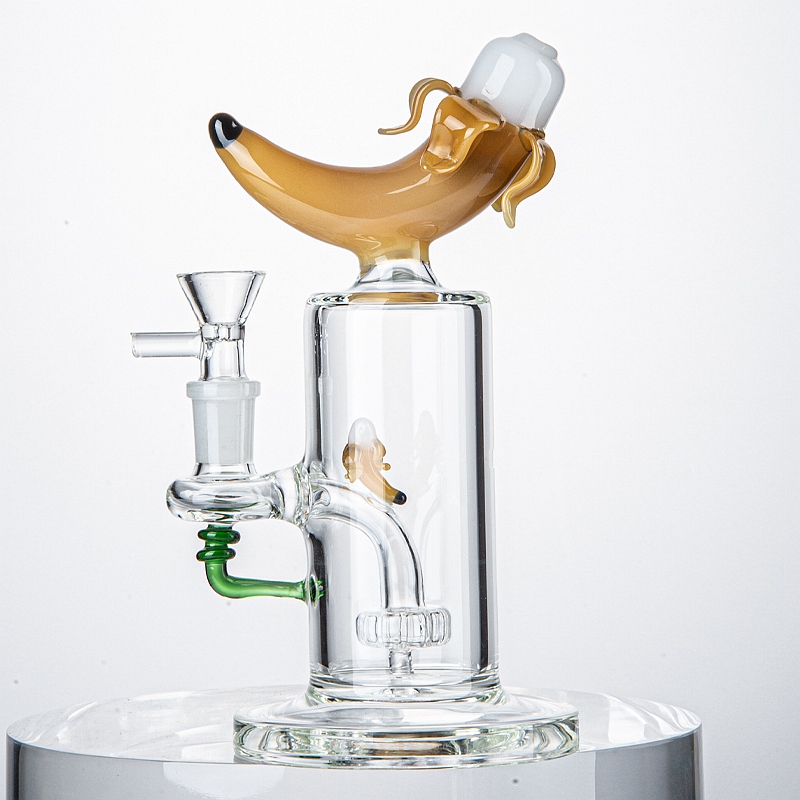 

In Stock Heady Glass Bong Banana Shape Hookahs Oil Dab Rigs Showerhead Perc Water Pipes 14mm Female Joint Unique Bongs With Bowl Also Sell Pineapple Peach