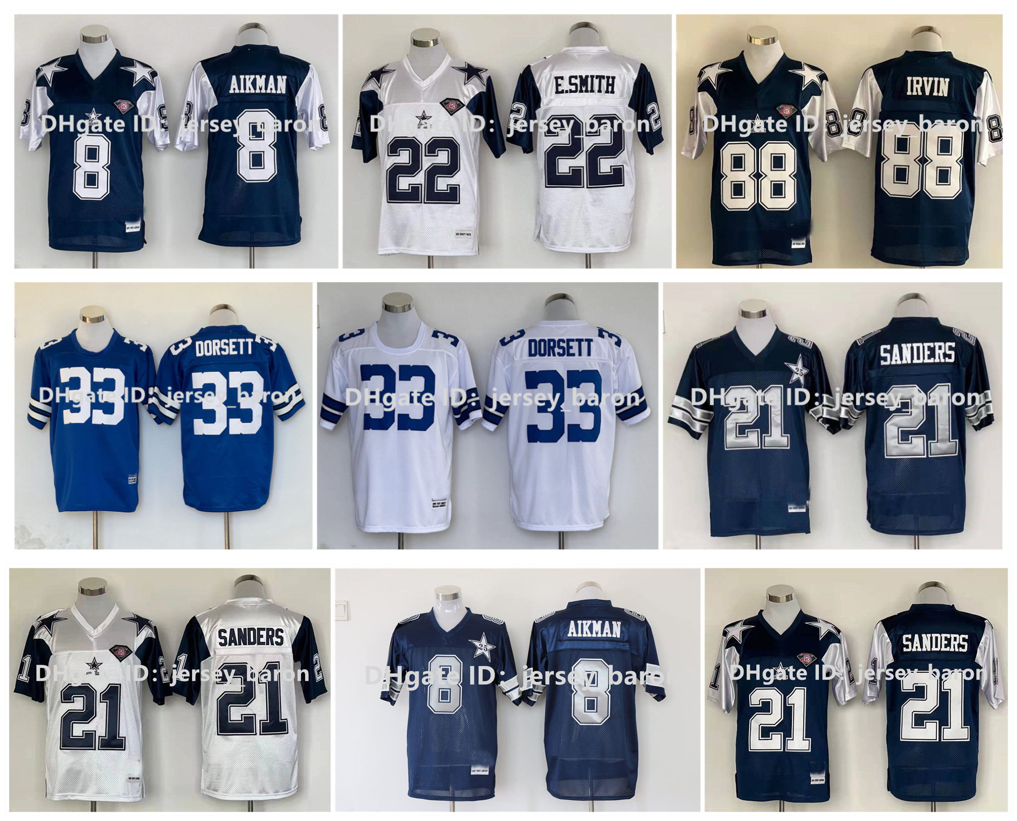 

Throwback Football Jersey 88 Michael Irvin 22 Emmitt Smith 8 Troy Aikman 12 Roger Staubach 33 Tony Dorsett 21 Deion Sanders 75th Anniversary &N Blue White Size -XXXL, As pic