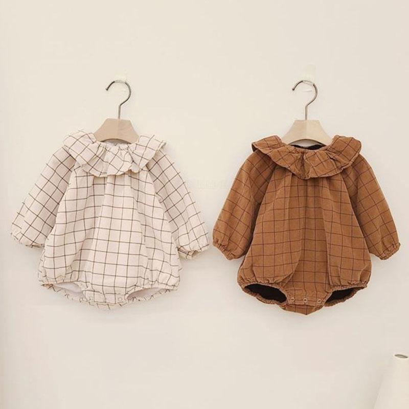 

Jumpsuits 0-2Yrs Baby Boy Girl Lotus Leaf Collar Grid Romper Spring Long-sleeve Fashion Infant Cotton Clothes RompersJumpsuits, Albb036 brown
