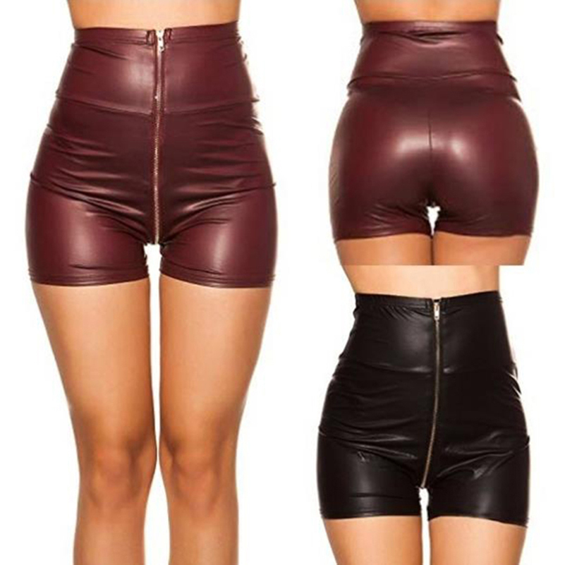 

Sexy Pu Leather Short Zipper Red Black High Waist Shorts Sexy Gil Clubwear Autumn Winter Women Shorts Y200403