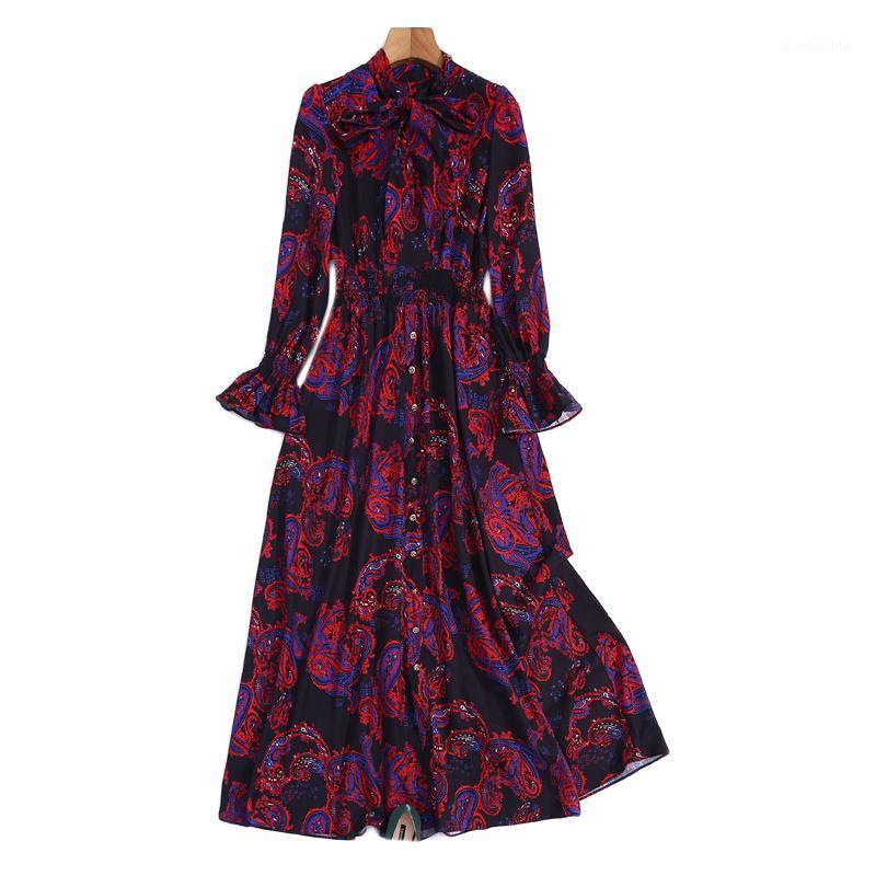 

Casual Dresses Runway Designer Fashion Women' Retro Print Elegant Streamer Flared Long Sleeve Elastic Waist Party Dress, Burgundy