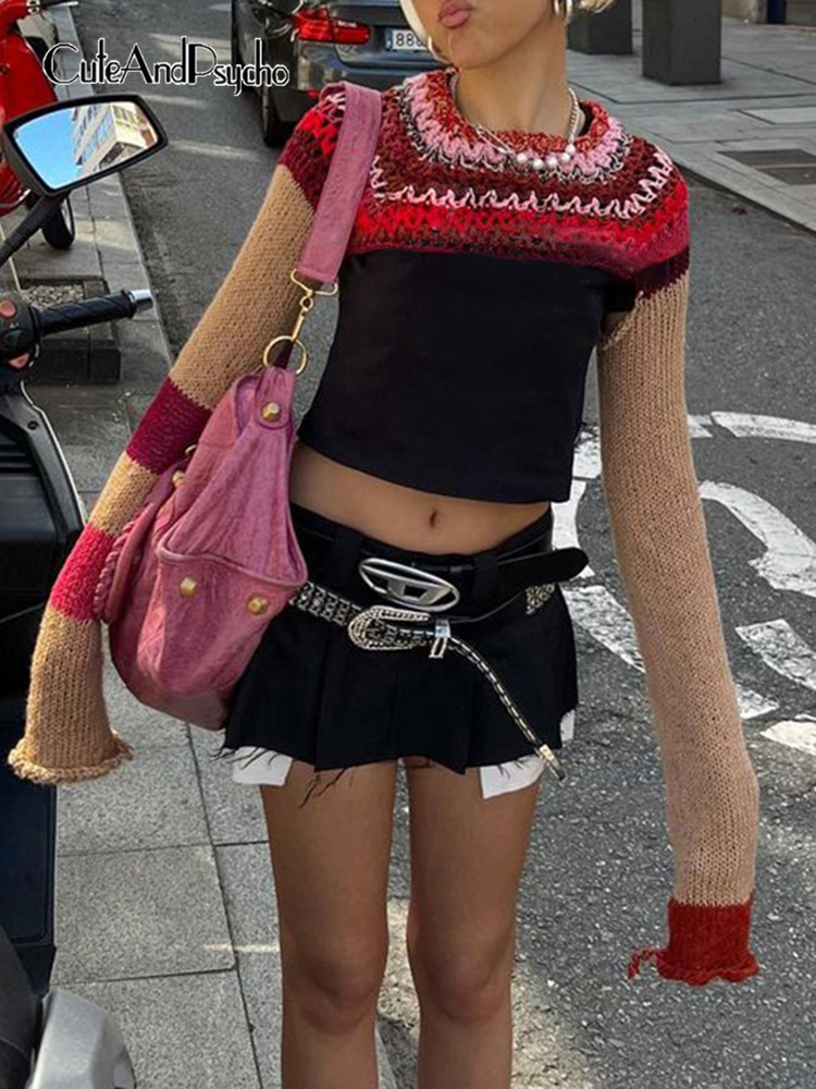 

Cuteandpsycho Y2K Aesthetic Patchwork Knit Crop Tops Casual Slim Cute Vintage Oneck Pullovers Streetwear Autumn Women Outfits 220816, Khaki
