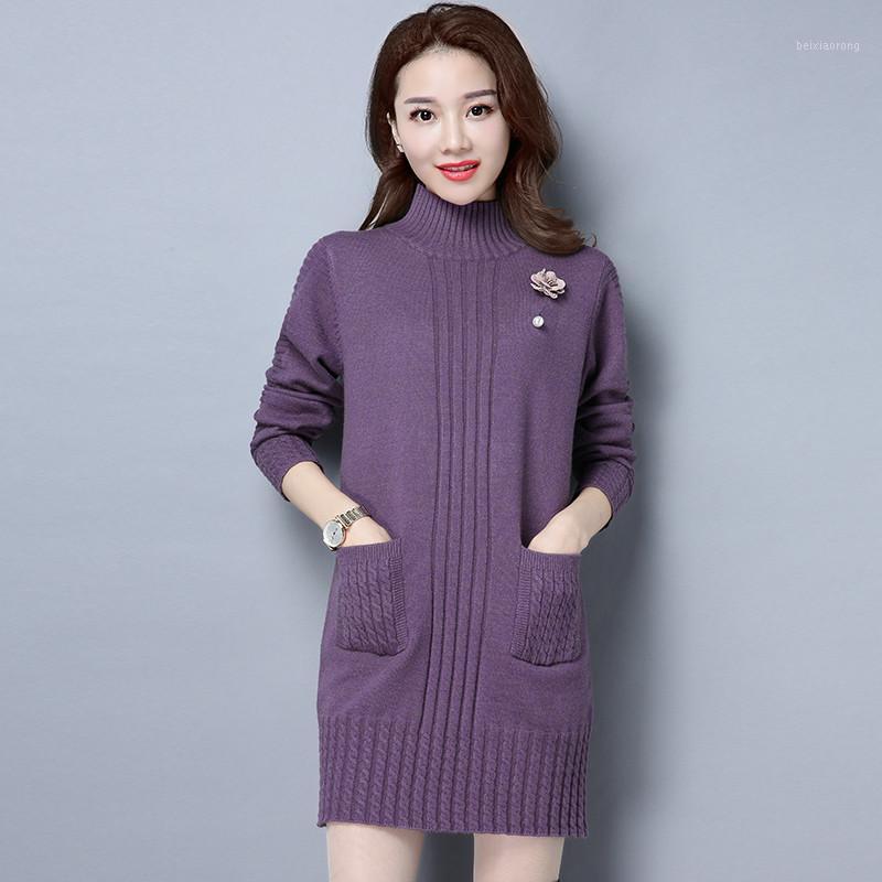 

Women' Sweaters Autumn Winter Women Fashion Casual Warm Sweater Cashmere Turtleneck Pullover Mid-Length Dress Female Pocket Tops Clothing, Purple