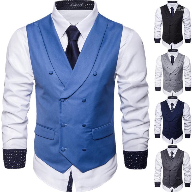 

Men's Vests Mens Vest Casual Business Men Suit Male Double Breasted Waistcoat Fashion Sleeveless Smart Top Stra22, Blue