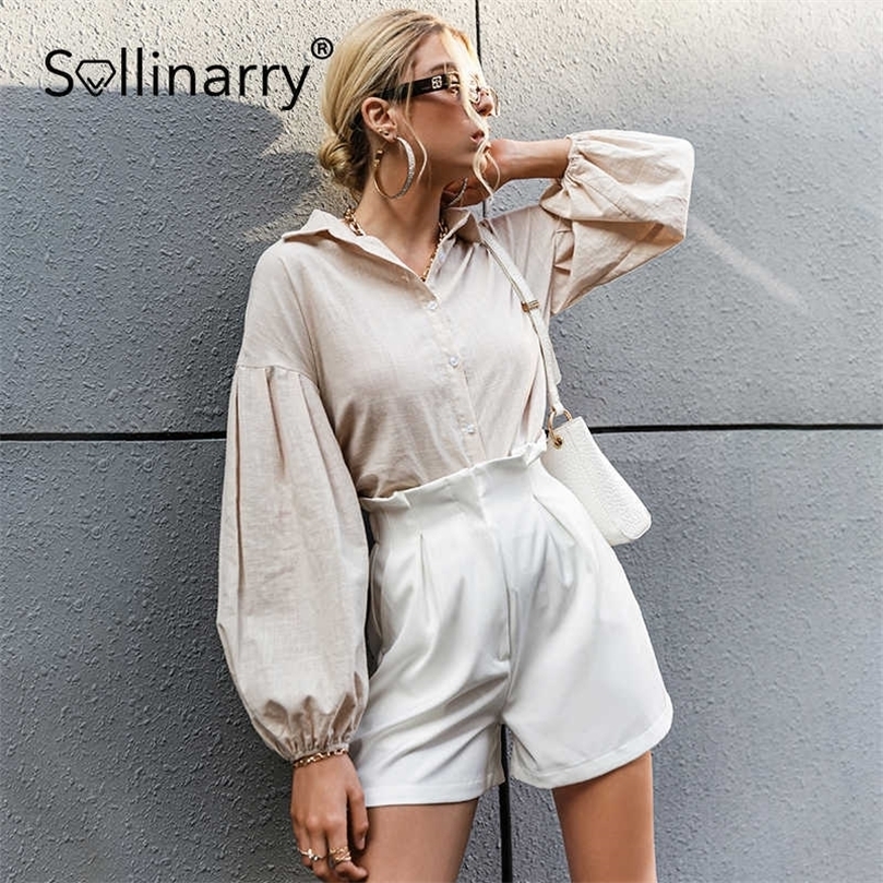 

Sollinarry Solid bubble sleeve elegant woman shirt Retro bottoming spring summer causal shirt female Fashion loose short top 210709, Apricot