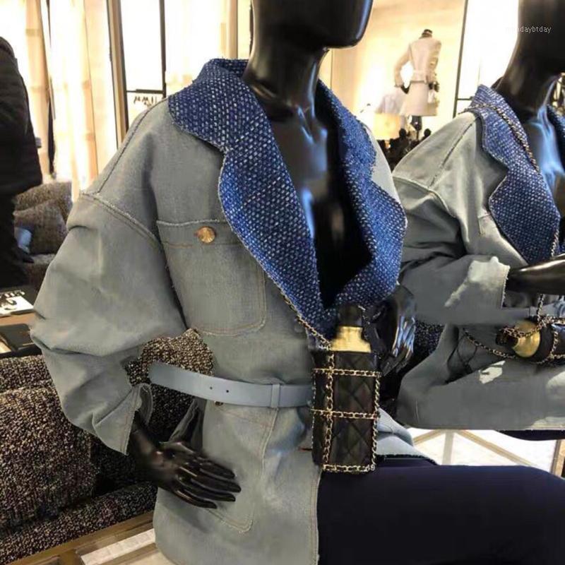 

Women's Jackets Vintage Retro Loose Denim Jacket Women 2022 High-end Brand Tweed Lapel Patchwork Pocket Blue Jeans Coat Chic Streetwear Outw