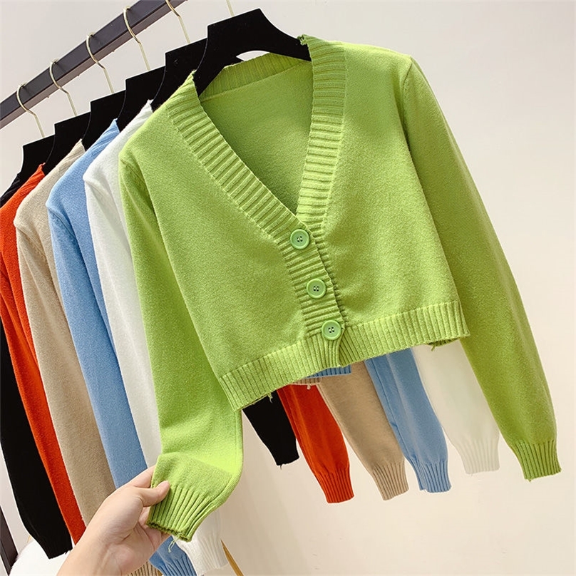 

Knitted Crop Cardigan Women Korean Short Sweater Long sleeve V neck Green Blue 220813, Pink