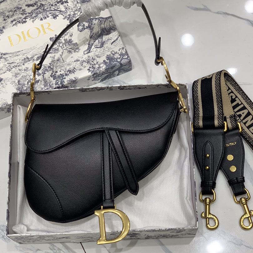 Dupe Dior Sac De Selle En Cuir De Veau Grainé Noir Et Blanc Sacs À Bandoulière Vintage Pour Femme 25CM Qualité AAAAA Avec Bretelles + Boîte D'ori