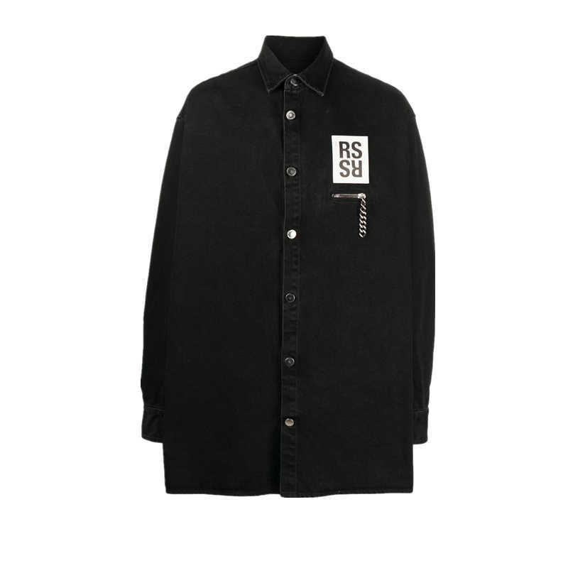 

Men' Casual Shirts High street: Raf Simons make old wash silhouette loose denim ins chain leather label decoration shirt, Black