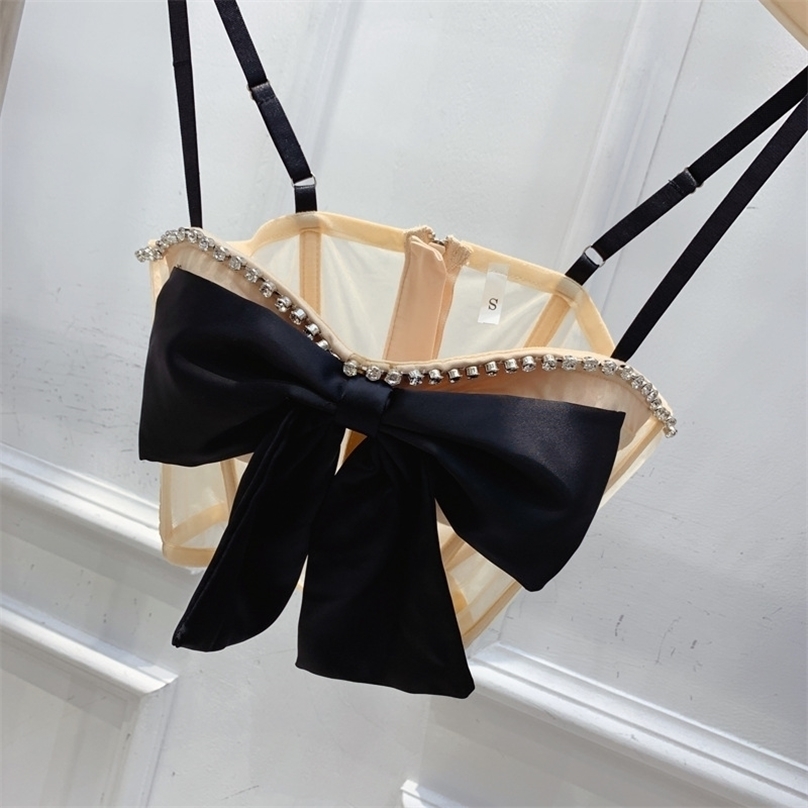 

Summer Women's Thin Camisole Fashion Beaded Bowknot Crop Top Brassiere Underwear Backless Sexy Slim Mesh Tank Tops 220318, Apricot big bow