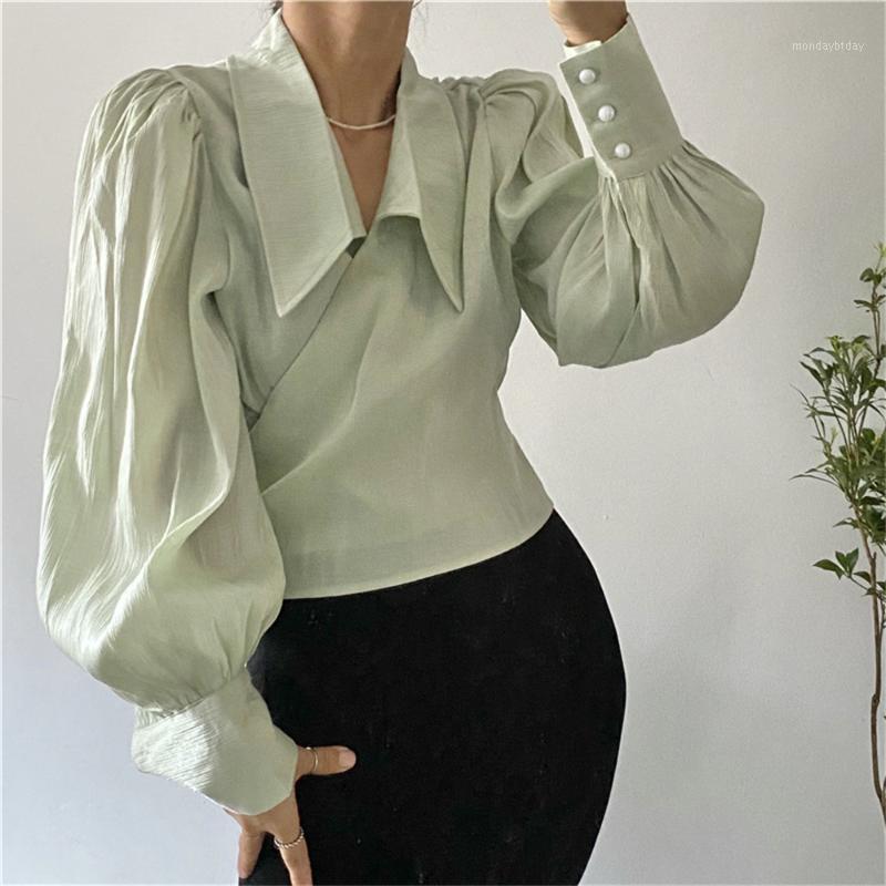 

Women's Blouses & Shirts Alien Kitty Cross Lantern Sleeves Vintage Elegant Stylish High Waist 2022 Pure Collar Casual Autumn Women Tops, Green