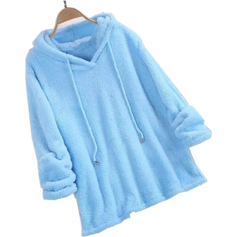 

Autumn Winter Long Sleeve Hoodie Warm Plush Drawstring Hoodies Flannel Thin Pullover Loose Sleepwear Tops Plus Size 220406, Black